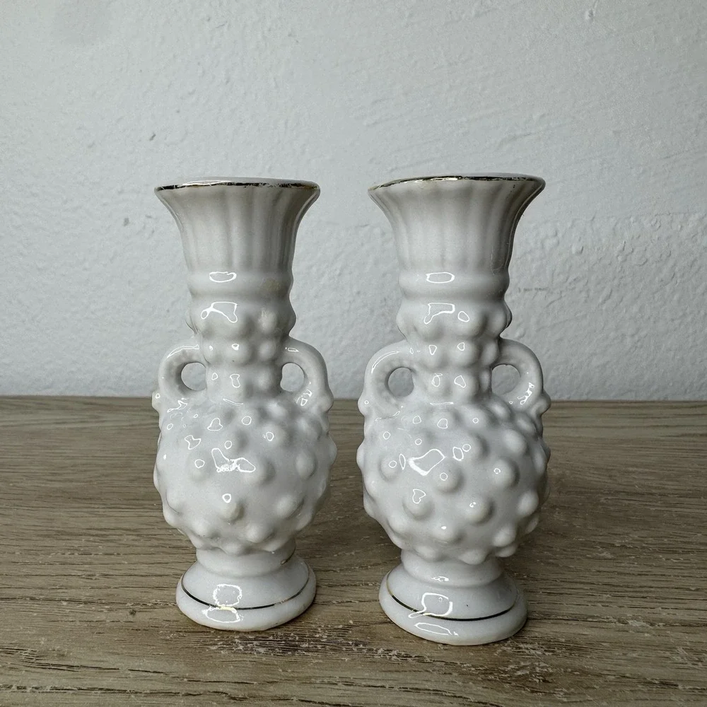 Vintage Ceramic Mini Hobnail Hobnob White Vases Set Of 2 Gold Trim Japanese Made